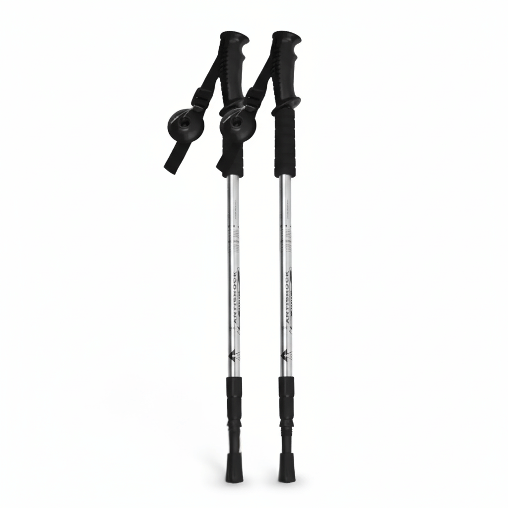 Bâton rando télescopique alu 6061 : sangle poignet, poignée antidérapante, manchon mousse, amorti ressort, pointe tungstène