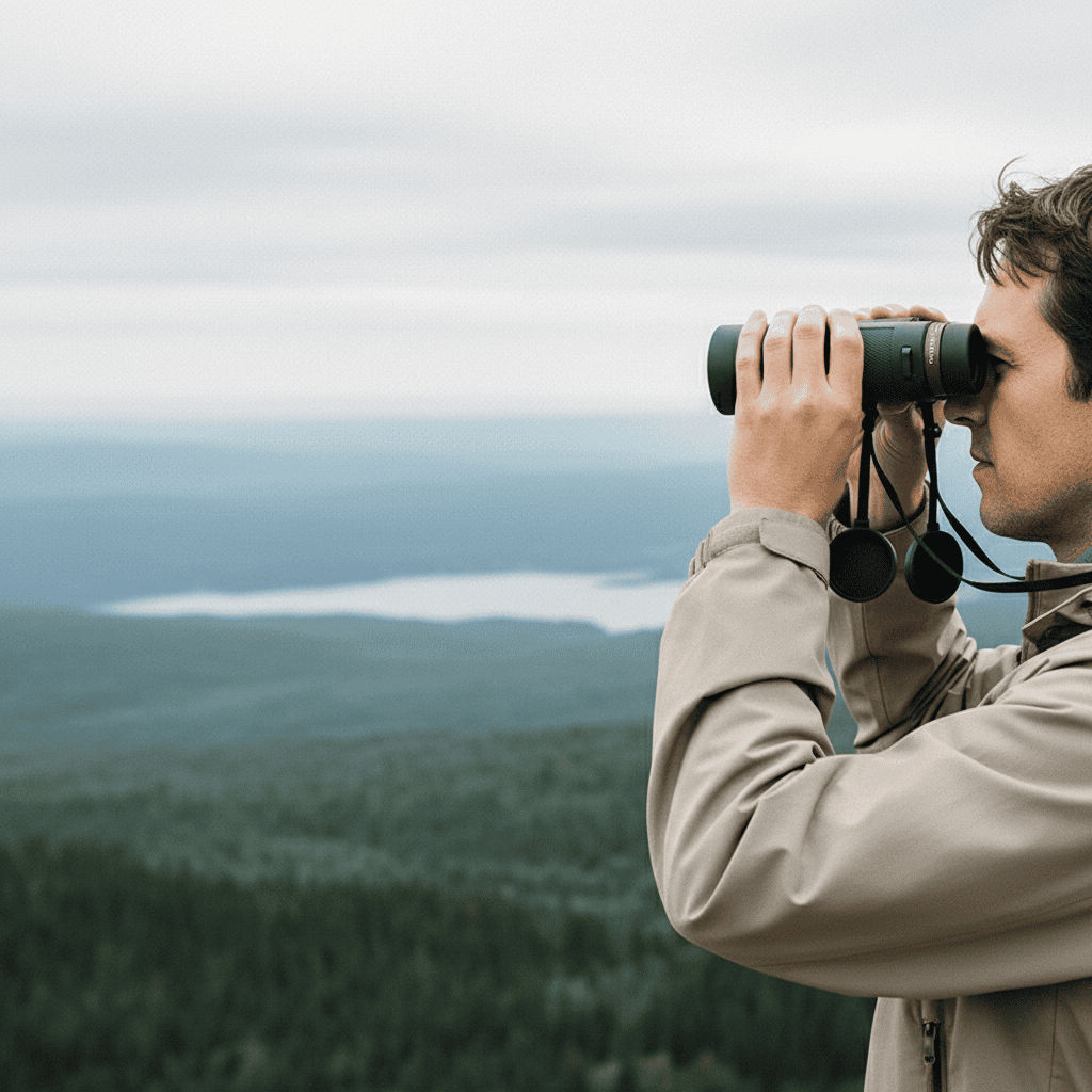 Homme avec jumelles en montagne
