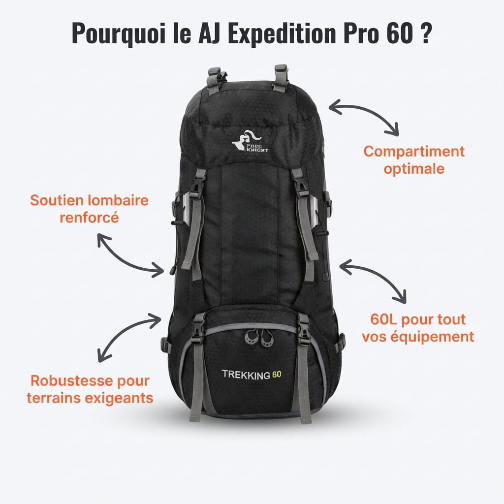 Sac à Dos Randonnée 60L Étanche & Robuste | AJ Expedition Pro 60