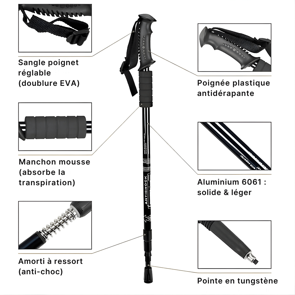 Bâton rando télescopique alu 6061 : sangle poignet, poignée antidérapante, manchon mousse, amorti ressort, pointe tungstène