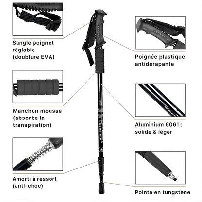 Bâton rando télescopique alu 6061 : sangle poignet, poignée antidérapante, manchon mousse, amorti ressort, pointe tungstène